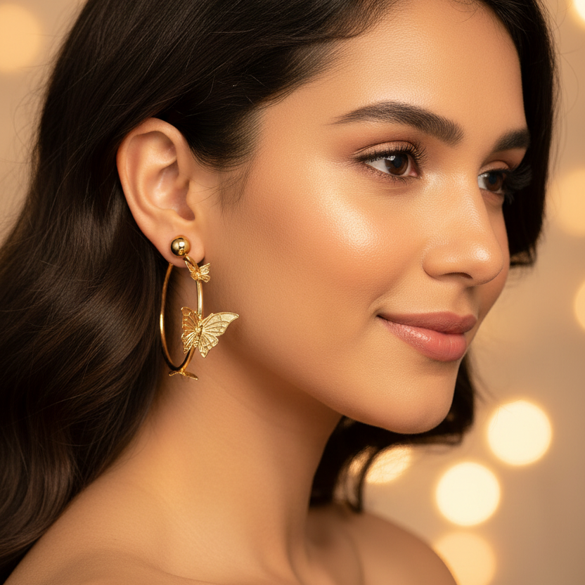 2-Pair Earring Set – Gold & Silver Butterfly Hoop Earrings and Matching Studs Bulk Packs (EF-2033GS)