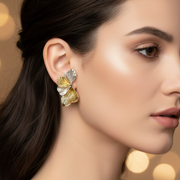 Chic Two-Tone Metallic Flower Stud Earrings – 5.5cm Matte Gold and Silver Ruffled Petal Statement Earrings (EF-2036GS)