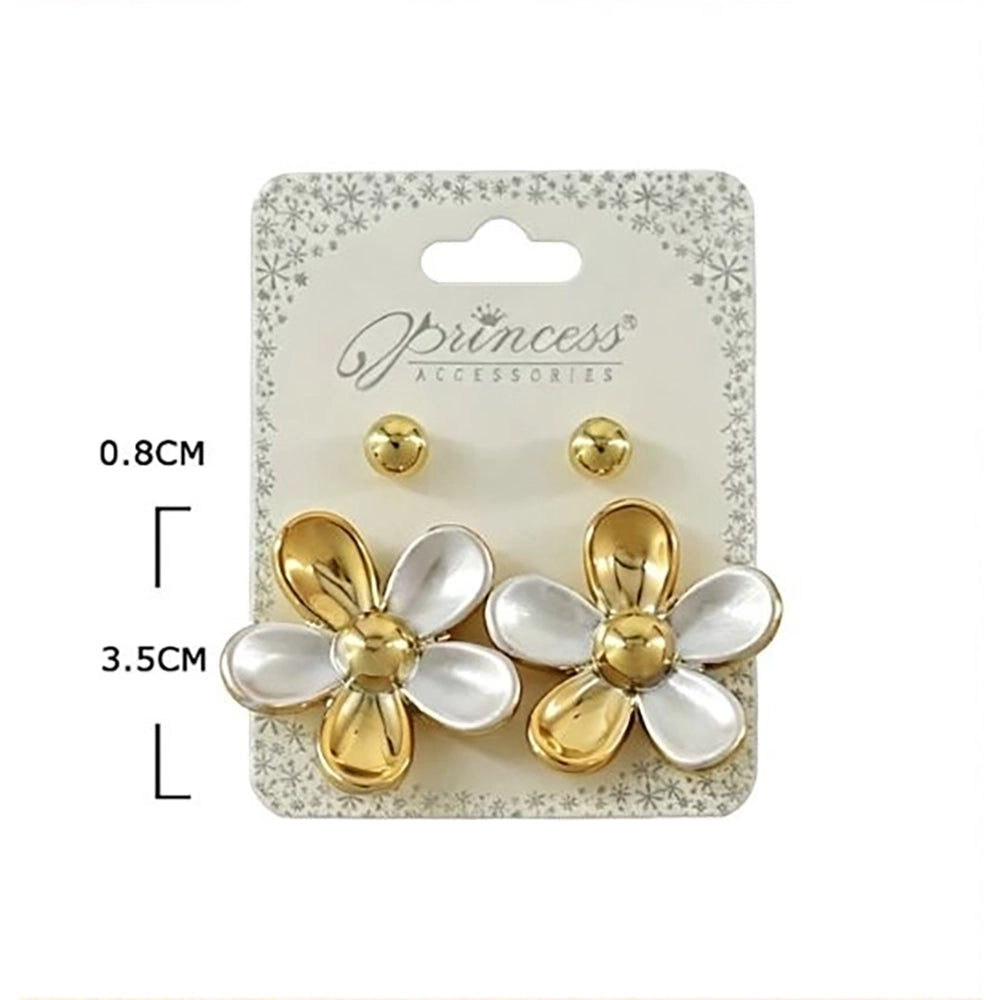 Gold & Silver Tone Flower Stud Earring Set - 3.5cm Floral Design (EF-2037GS)