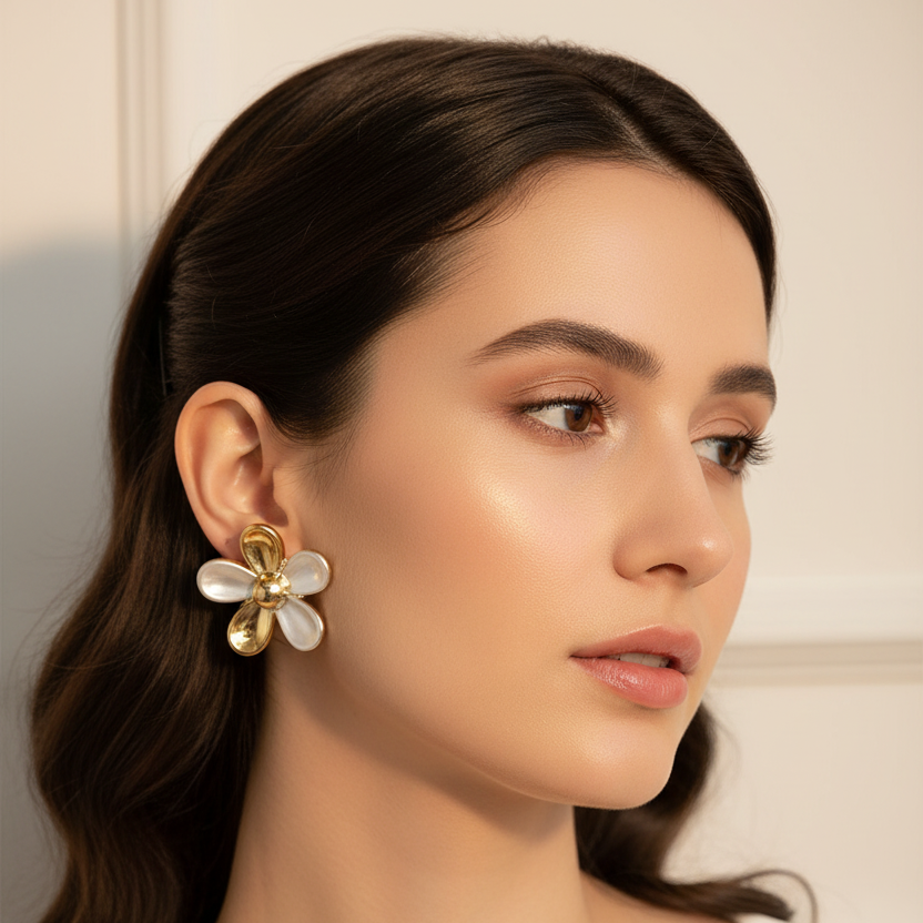 Gold & Silver Tone Flower Stud Earring Set - 3.5cm Floral Design (EF-2037GS)
