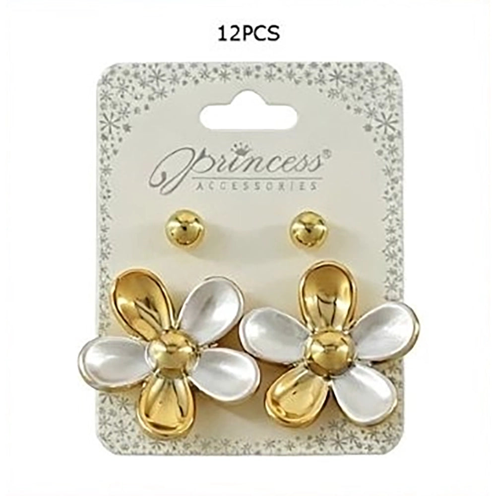Gold & Silver Tone Flower Stud Earring Set - 3.5cm Floral Design (EF-2037GS)