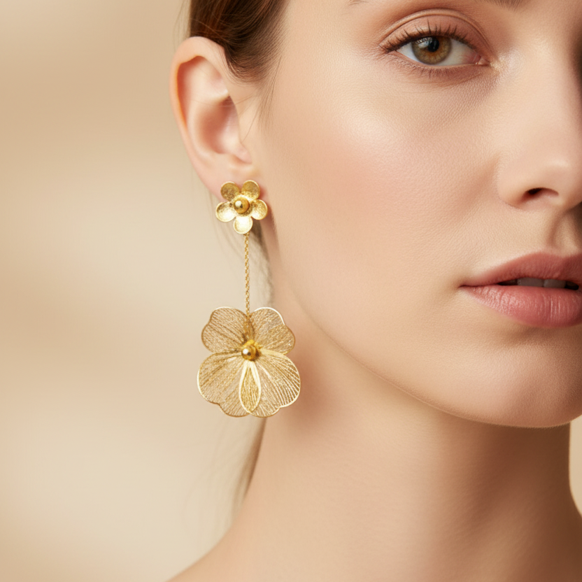 Boho Filigree Floral Drop Earrings – Elegant 7.5cm Textured Flower Dangle Earrings for Women (Gold & Silver Finish) (EF-2049GS)