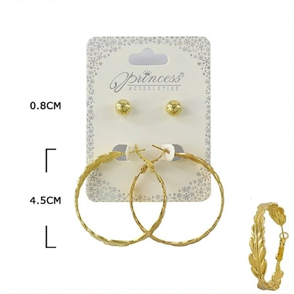 2-Pair Earring Set – Textured Gold & Silver Hoop Earrings with Matching Studs (4.5cm Hoops, 0.8cm Studs) (EF-2051GS)