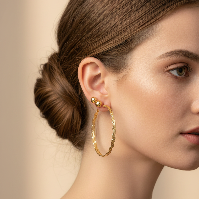 2-Pair Earring Set – Textured Gold & Silver Hoop Earrings with Matching Studs (4.5cm Hoops, 0.8cm Studs) (EF-2051GS)