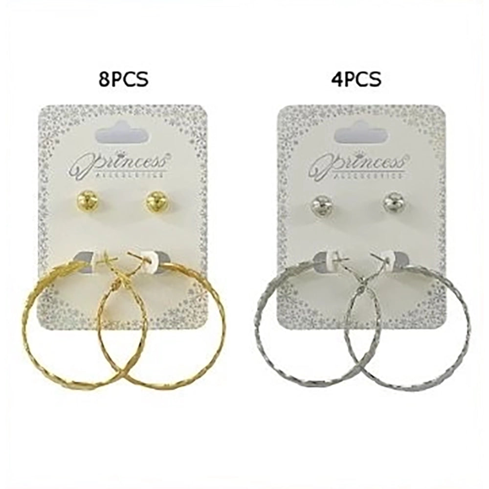 2-Pair Earring Set – Textured Gold & Silver Hoop Earrings with Matching Studs (4.5cm Hoops, 0.8cm Studs) (EF-2051GS)
