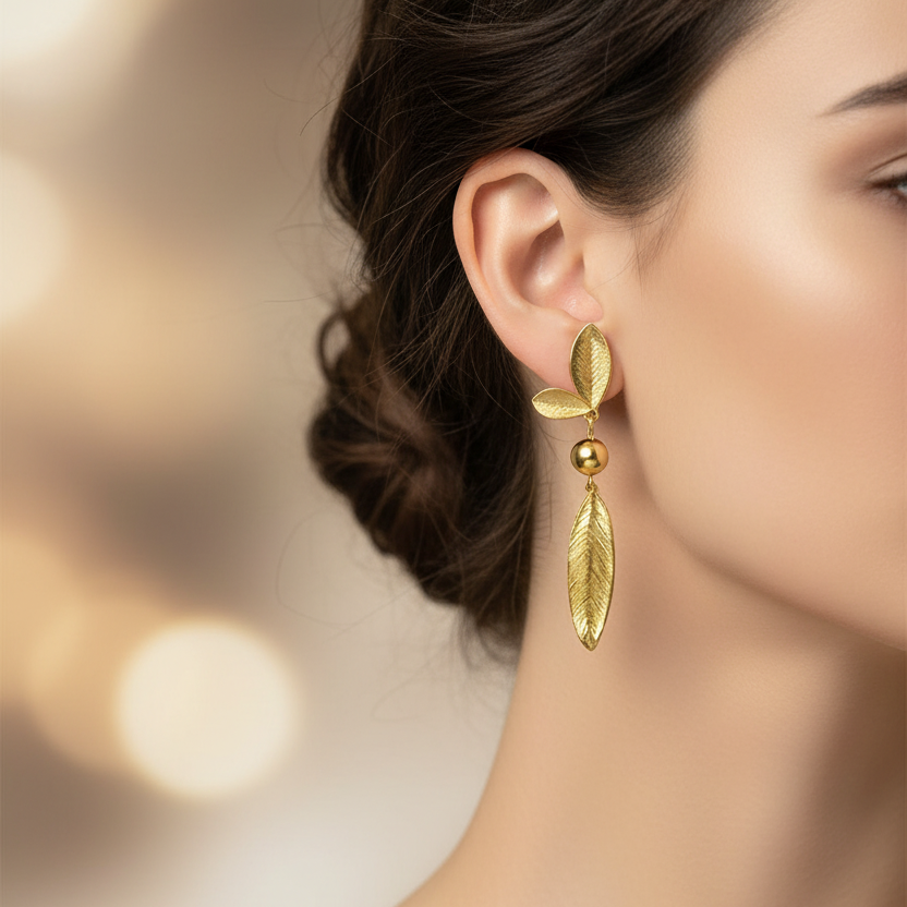 2-Pair Earring Set – Elegant Gold & Silver Textured Leaf Dangle Drop Earrings with Classic Ball Studs for Women and Girls (EF-2091GS)