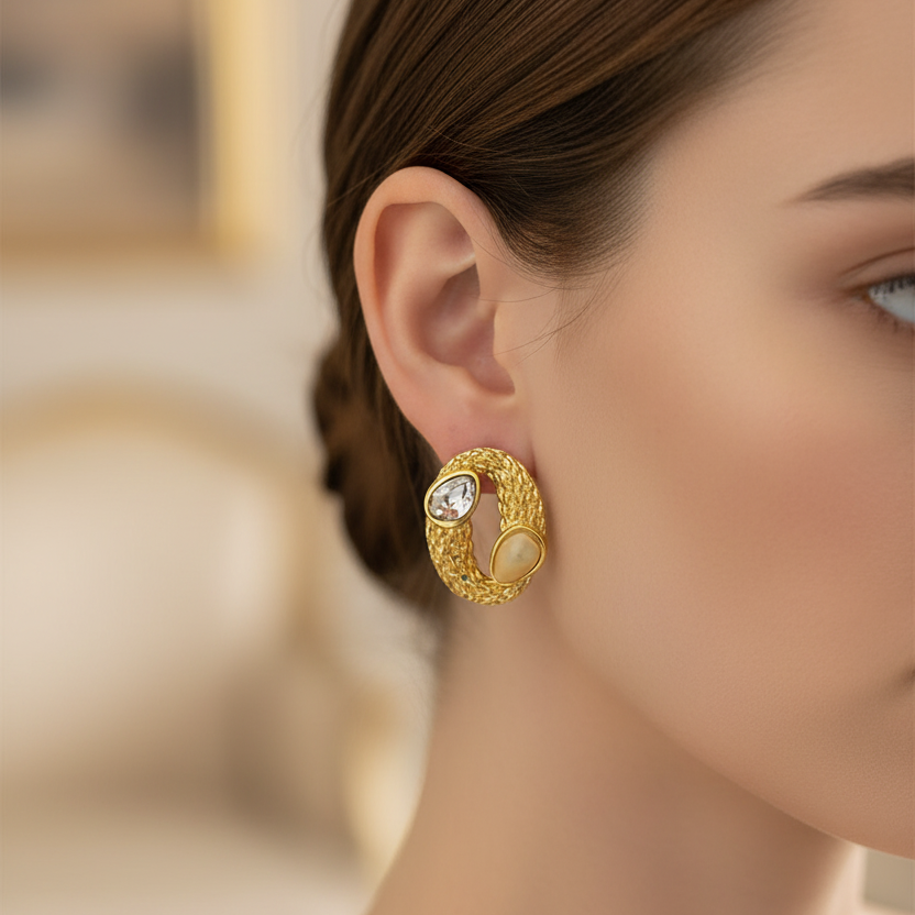 Vintage Chunky Textured Oval Hoop Earrings with Rhinestones – Retro Gold and Silver Geometric Statement Earrings for Women (EF-2099GS)