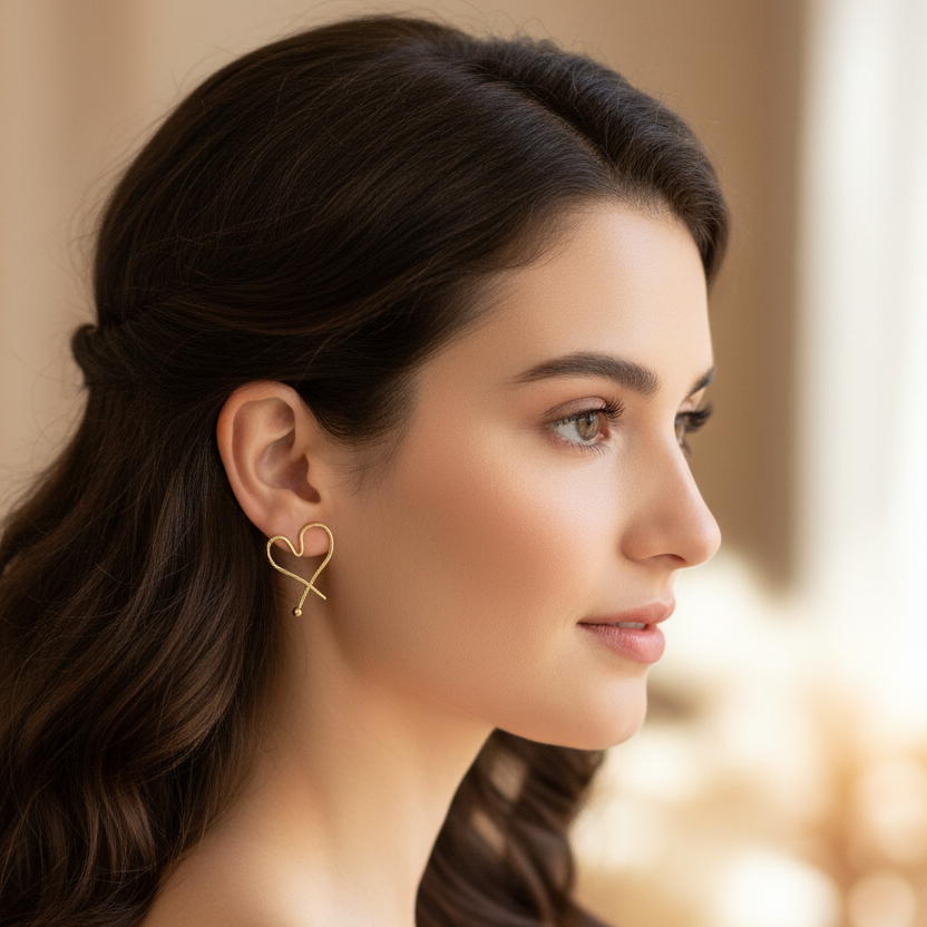 2-Pair Heart Wire Dangle & Rhinestone Stud Earrings Set – Gold & Silver Tone Fashion Jewelry Set for Women (EF-2110GS)
