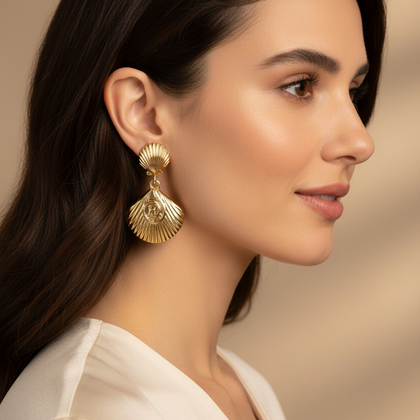 Vintage Shell Drop Statement Earrings for Women – Gold & Silver Plated Retro Sea Shell Dangle Earrings, Coastal Beach Jewelry Gift (5cm) (EF-2122GS)