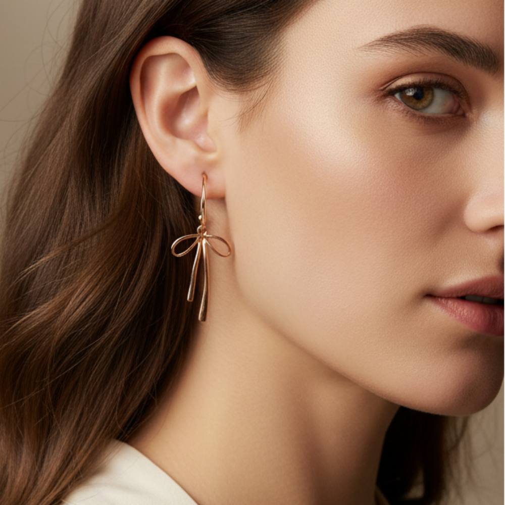 Bow Dangle Drop Earrings Set with Studs – Gold & Silver Tone Ribbon Earrings Set (EF-2125GS)