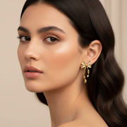 Ribbon Bow Dangle Earrings Set with Rhinestone Studs – 4-Piece & 8-Piece Coquette Jewelry Set – Elegant Statement Drop Earrings for Women (EF-2130GS)