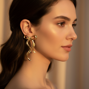 Coquette Style Ribbon Bow Earrings Set | 4-Piece Dainty Crystal Studs and Metallic Hanging Bows (EF-2131GS)