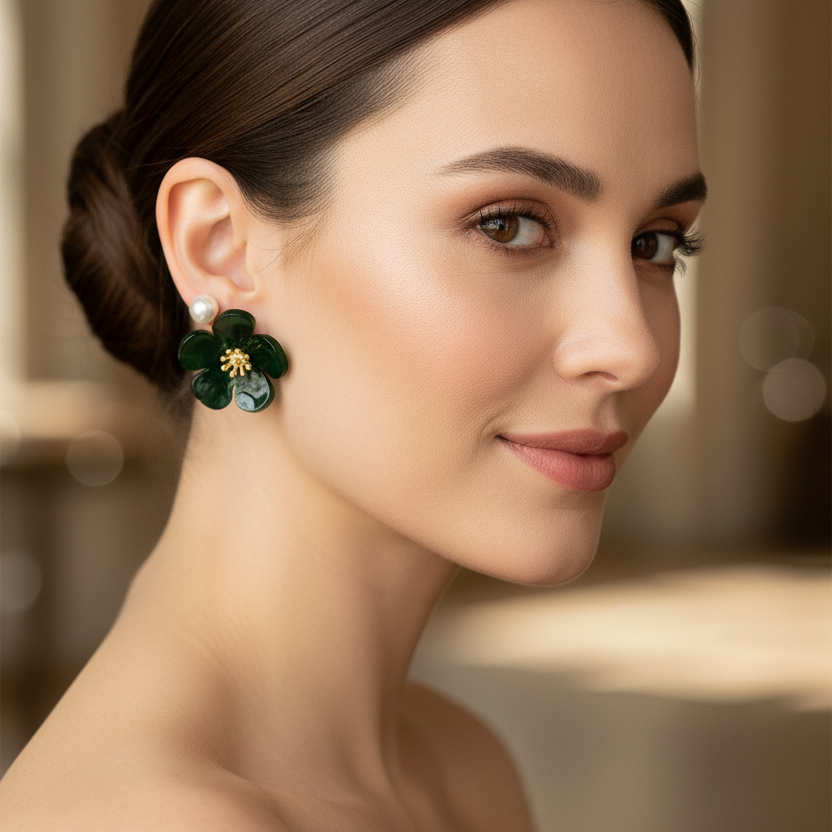 4-Piece Flower and Faux Pearl Earring Set – Vintage Resin Floral Studs & Classic Pearl Earrings (4 Color) (EF-6011P)