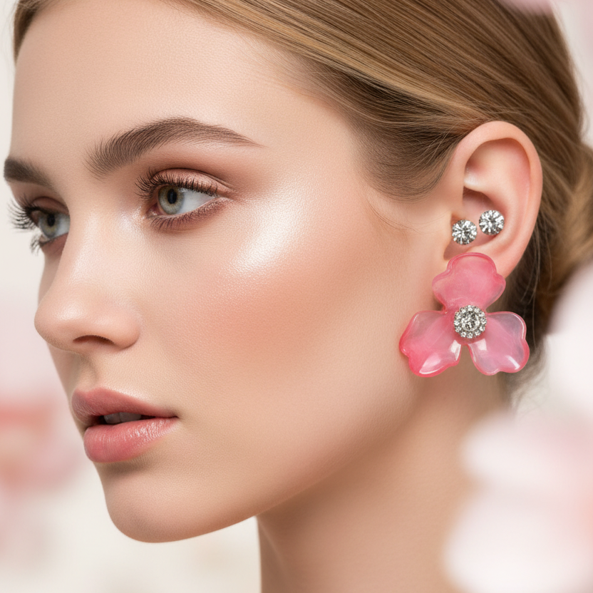 Flower Earring Set – Rhinestone Studs & Resin Floral Drop Earrings (EF-6022S)