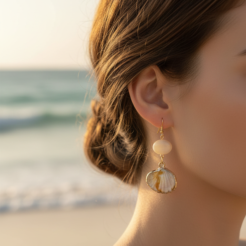 Beach-Themed Earring Set | Seashell, Starfish & Faux Pearl Dangle Earrings with Rhinestone Studs (EF-6025S)