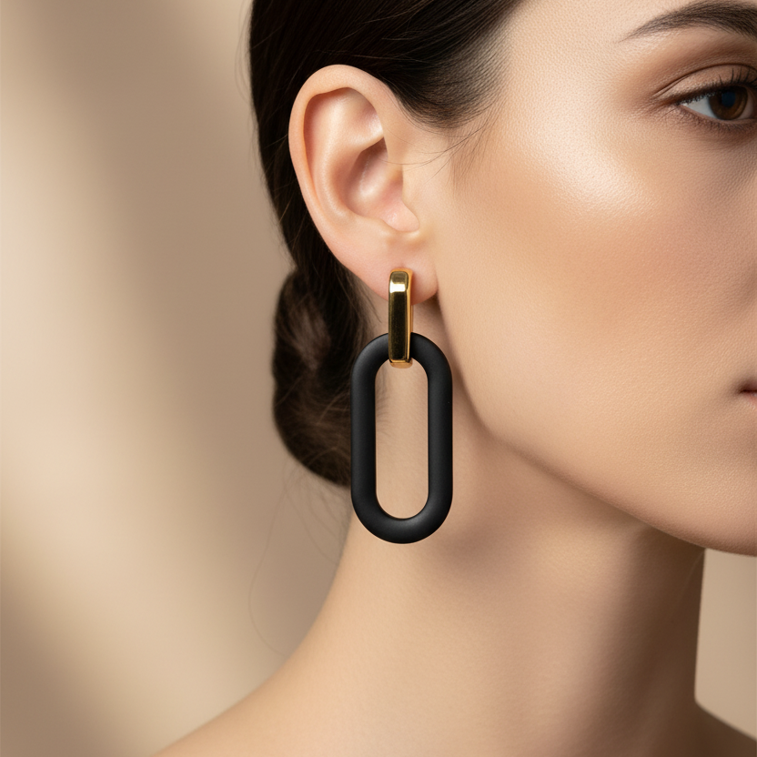 Geometric Oval Drop Earrings for Women - Minimalist Two-Tone Interlocking Link Dangle Earrings, 5cm Statement Jewelry (EF-6032S)