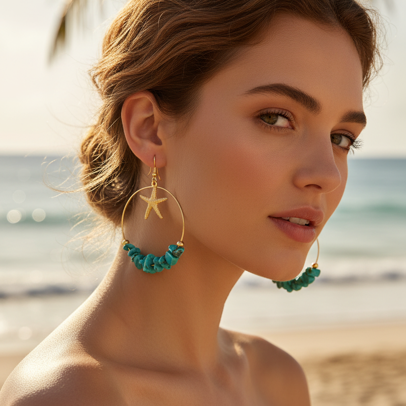 Beaded Beach Hoop Earrings with Gold Starfish and Shell Charms – Bohemian Summer Jewelry (EF-6033S)