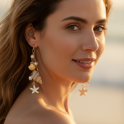 Boho Seashell Dangle Earrings with Pearls and Starfish Charm – Gold & Silver Mermaid Core Drop Earrings, Beach Theme Summer Jewelry, 8cm (EF-6035S)