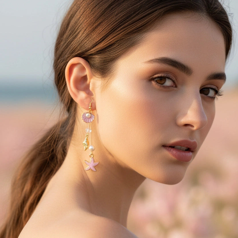 Ocean Starfish & Seashell Dangle Earrings – Gold-Plated Mermaid Shell Drop Earrings with Faux Pearl Accents (EF-6036S)