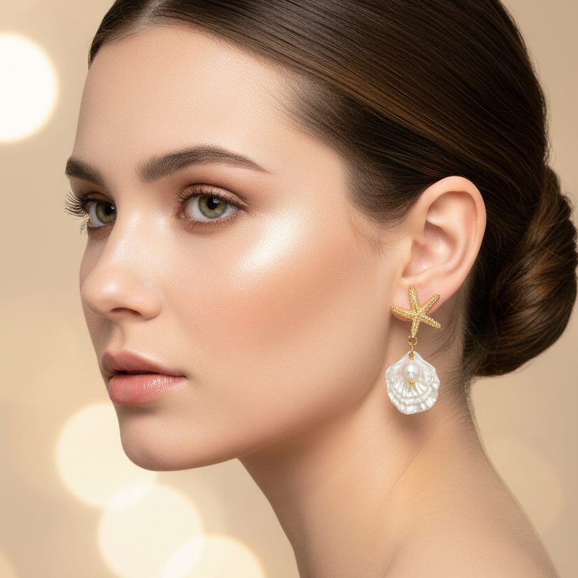 4-Piece Ocean Starfish & Shell Dangle Earring Set – Gold & Silver Tone Marine Drop Earrings with Faux Pearl Accents (EF-6038S)