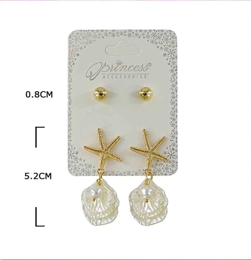 4-Piece Ocean Starfish & Shell Dangle Earring Set – Gold & Silver Tone Marine Drop Earrings with Faux Pearl Accents (EF-6038S)