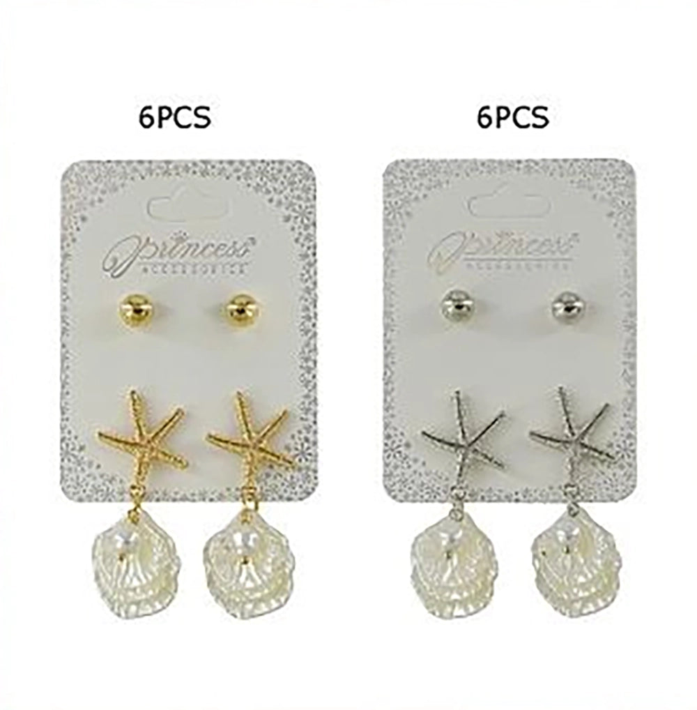 4-Piece Ocean Starfish & Shell Dangle Earring Set – Gold & Silver Tone Marine Drop Earrings with Faux Pearl Accents (EF-6038S)