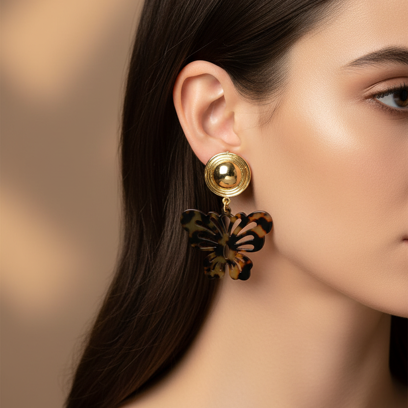 Leopard Print Butterfly Drop Earrings for Women – Tortoise Shell Pattern Acrylic Dangle Earrings, Gold & Silver Statement Jewelry, 6cm (EF-6053S)