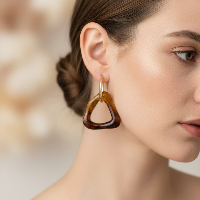 Trendy Geometric Resin Hoop Earrings – 3.2cm Tortoiseshell & Acrylic Drop Earrings for Women, Lightweight Triangular Dangle Earrings (EF-6063S)