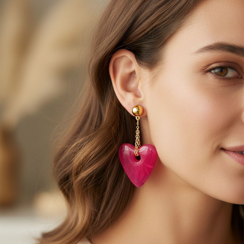 Chunky Acrylic Resin Heart Drop Earrings - 5.7cm Y2K Statement Dangle Earrings, Gold Chain Linked Marbled Heart Jewelry (EF-6066S)