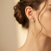Elegant Rhinestone Floral Drop Earrings with Pearl Center & Cascading Chain Tassels (EF-6072S)