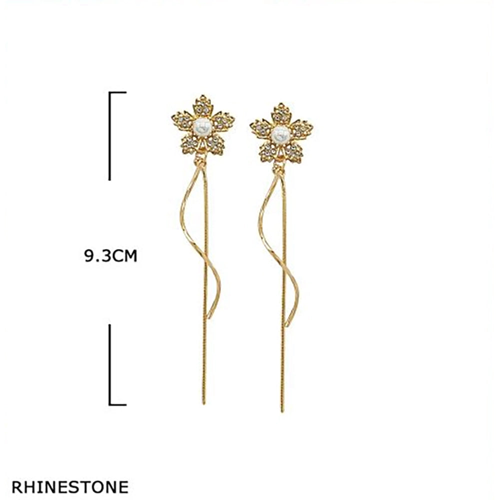 Elegant Rhinestone Floral Drop Earrings with Pearl Center & Cascading Chain Tassels (EF-6072S)