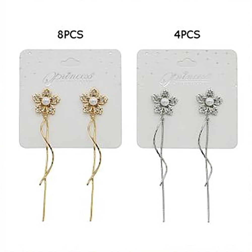 Elegant Rhinestone Floral Drop Earrings with Pearl Center & Cascading Chain Tassels (EF-6072S)