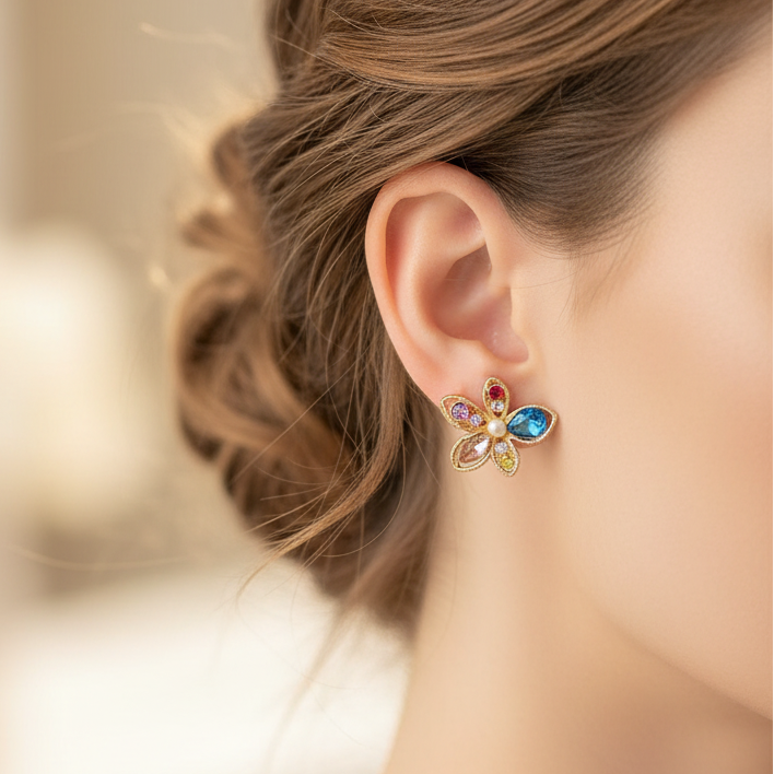 Sparkling Flower Rhinestone Earrings for Women – Elegant Faux Pearl & Multicolor Crystal Stud Earrings Set (2cm) (EF-6073S)