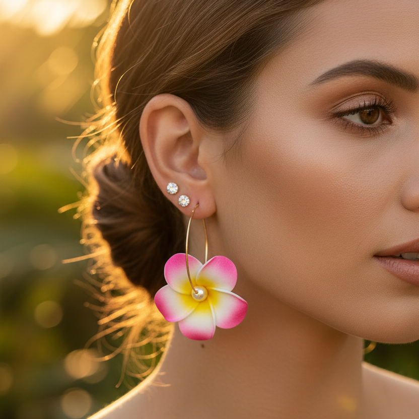 Hawaiian Plumeria Flower Hoop Earrings Set with Rhinestone Studs – 2-in-1 Tropical Frangipani Hoop and Stud Earring Set, Boho Beach Summer Jewelry for Women (EF-6077S)