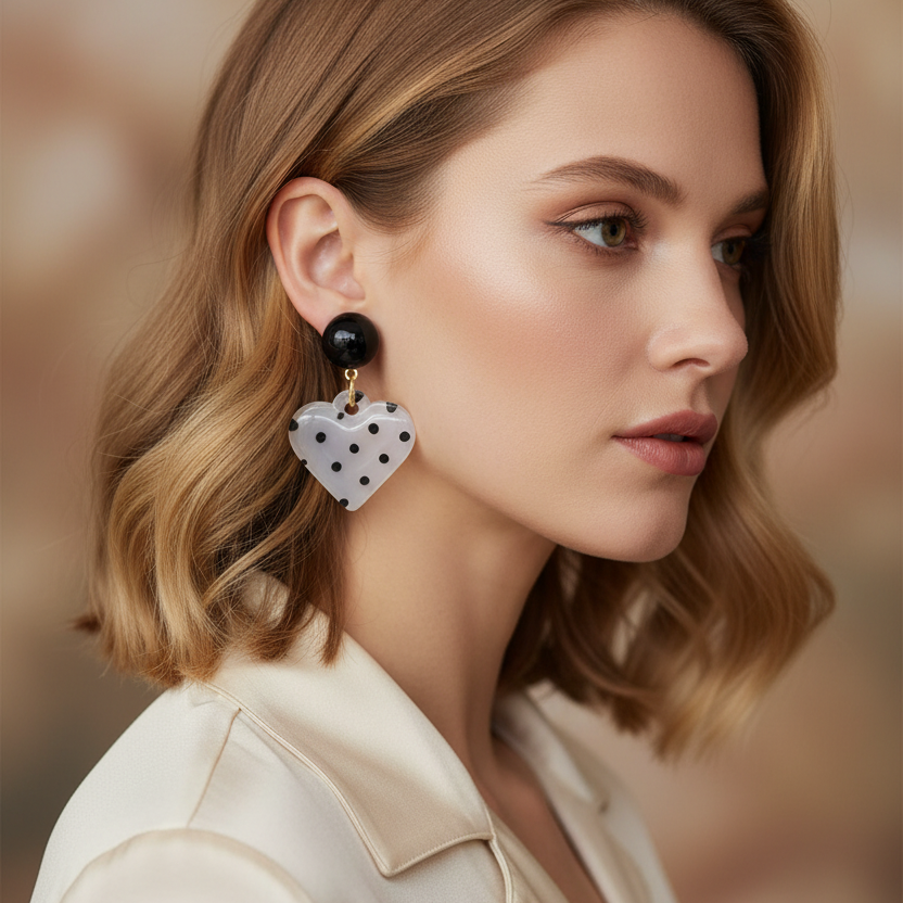 Retro Polka Dot Heart Dangle Earrings – Acrylic Vintage Style Drop Earrings (4cm) (EF-6090PD)