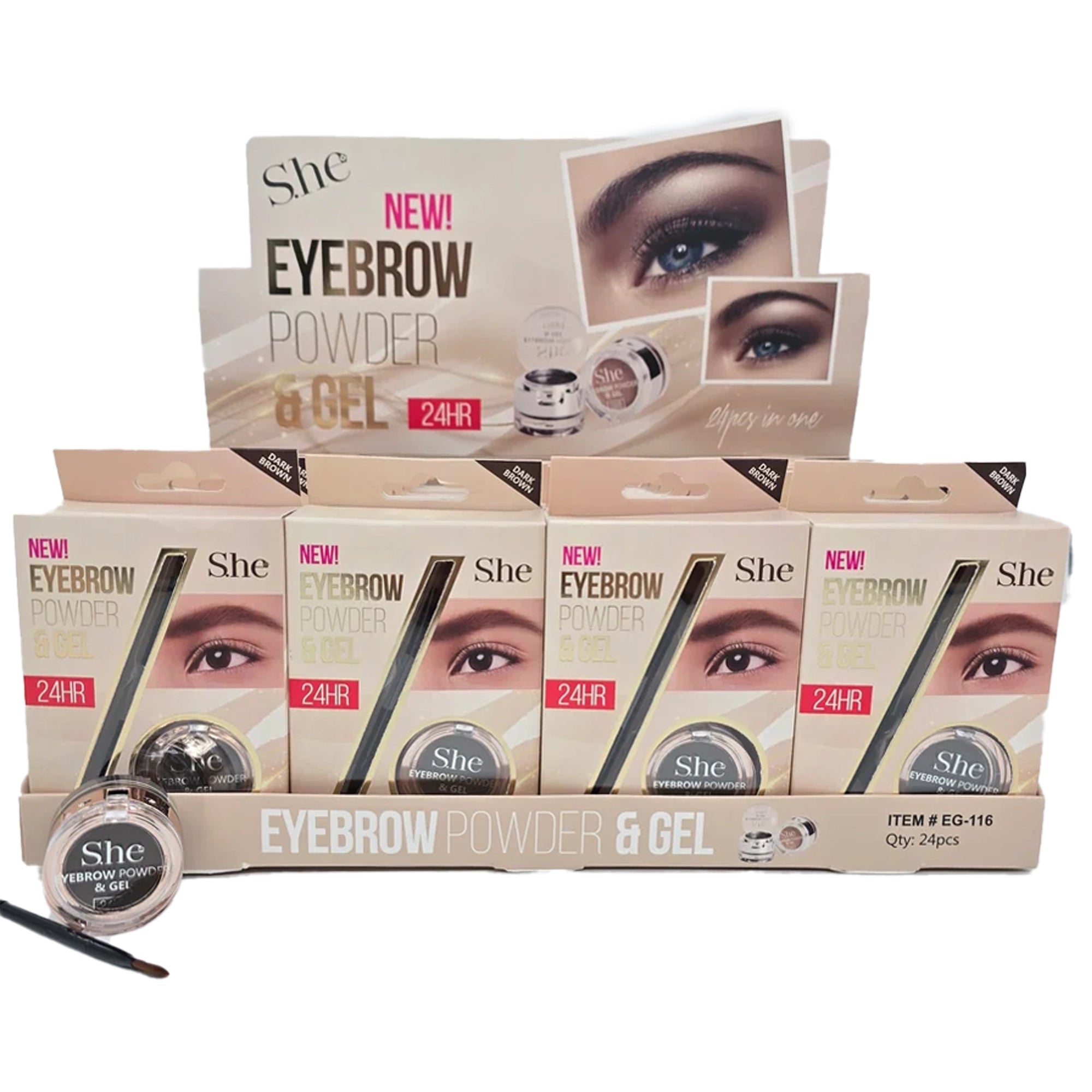 S.he Makeup 24HR Eyebrow Powder & Gel Duo Set – Dark Brown (24pcs)