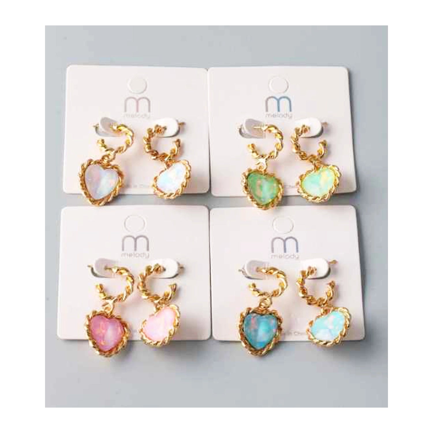 Vintage-Inspired Gold Twisted Hoop Heart Drop Earrings – Faux Opal Iridescent Charm Jewelry for Women (ER37240P)