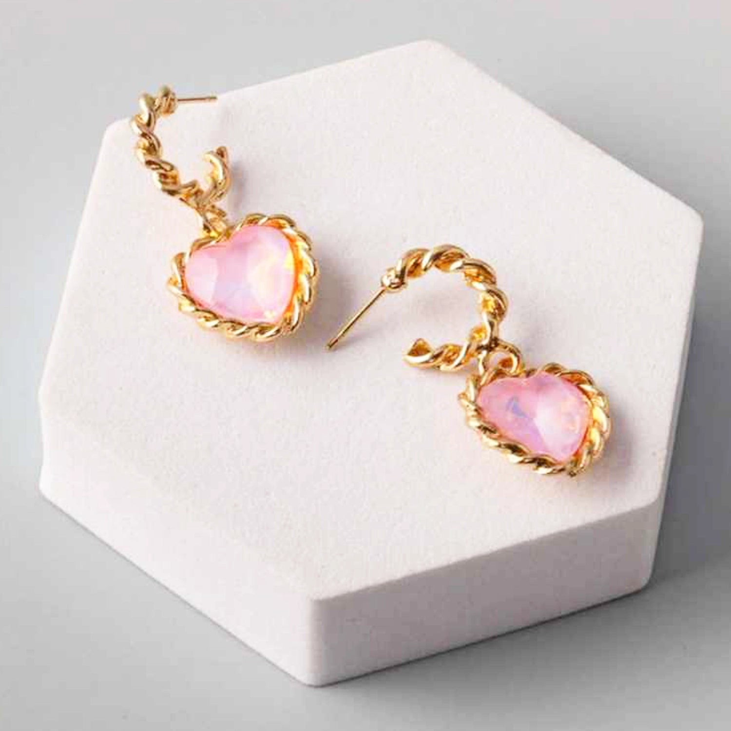 Vintage-Inspired Gold Twisted Hoop Heart Drop Earrings – Faux Opal Iridescent Charm Jewelry for Women (ER37240P)