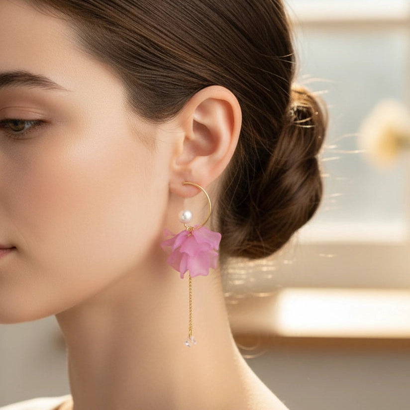 Floral Petal Tassel Hoop Earrings with Crystal Chain Accents (ER37816)