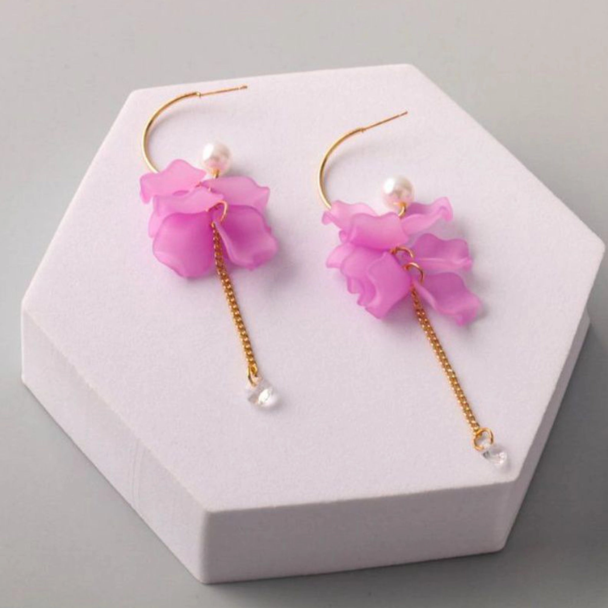 Floral Petal Tassel Hoop Earrings with Crystal Chain Accents (ER37816)