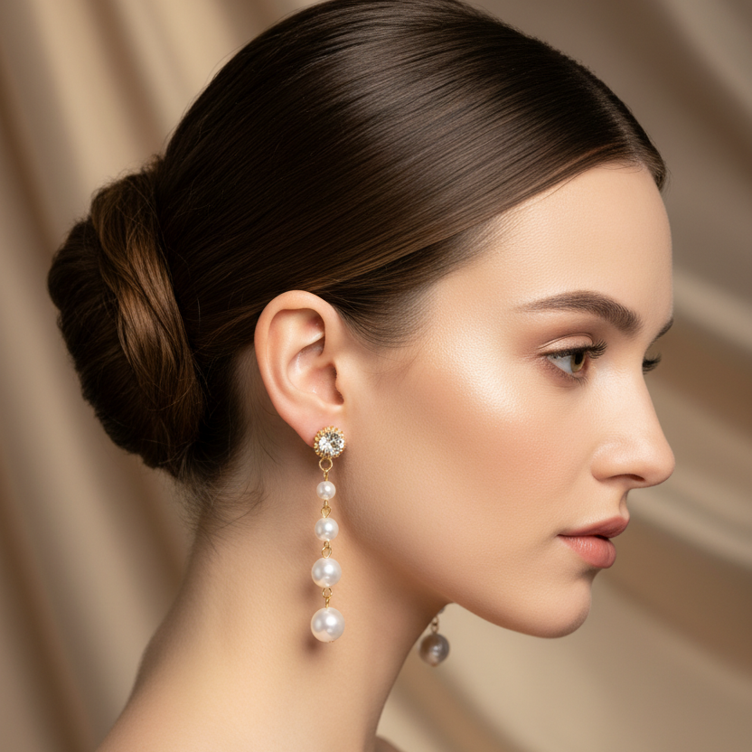 Elegant Graduated Pearl & Rhinestone Linear Drop Earrings (ER37882)