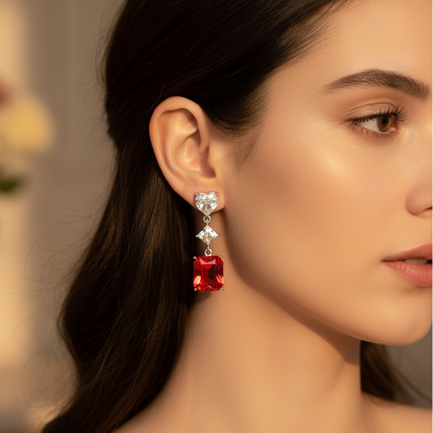 Elegant Crystal Heart & Emerald-Cut Drop Earrings | Geometric Statement Jewelry (ER39166)