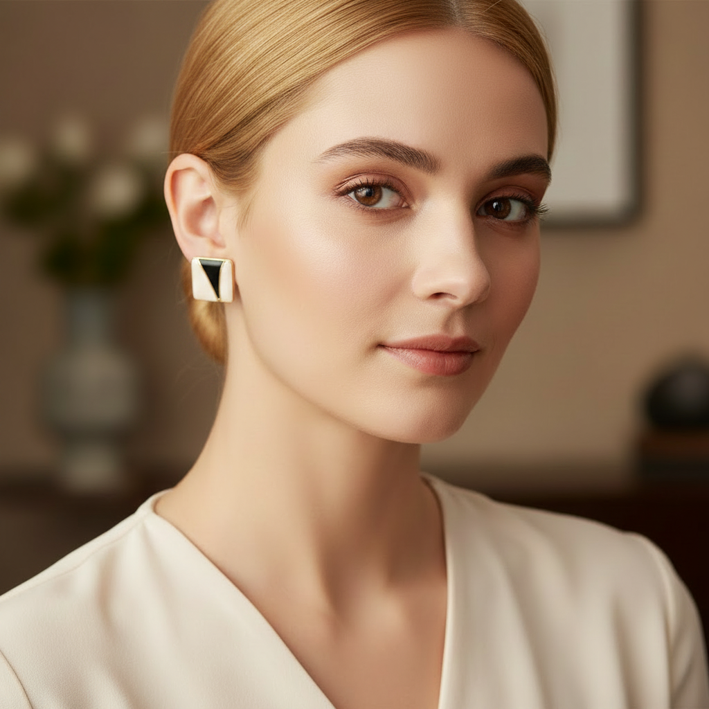 Retro Abstract Square Enamel Stud Earrings – Geometric Two-Tone Design (ER39333)