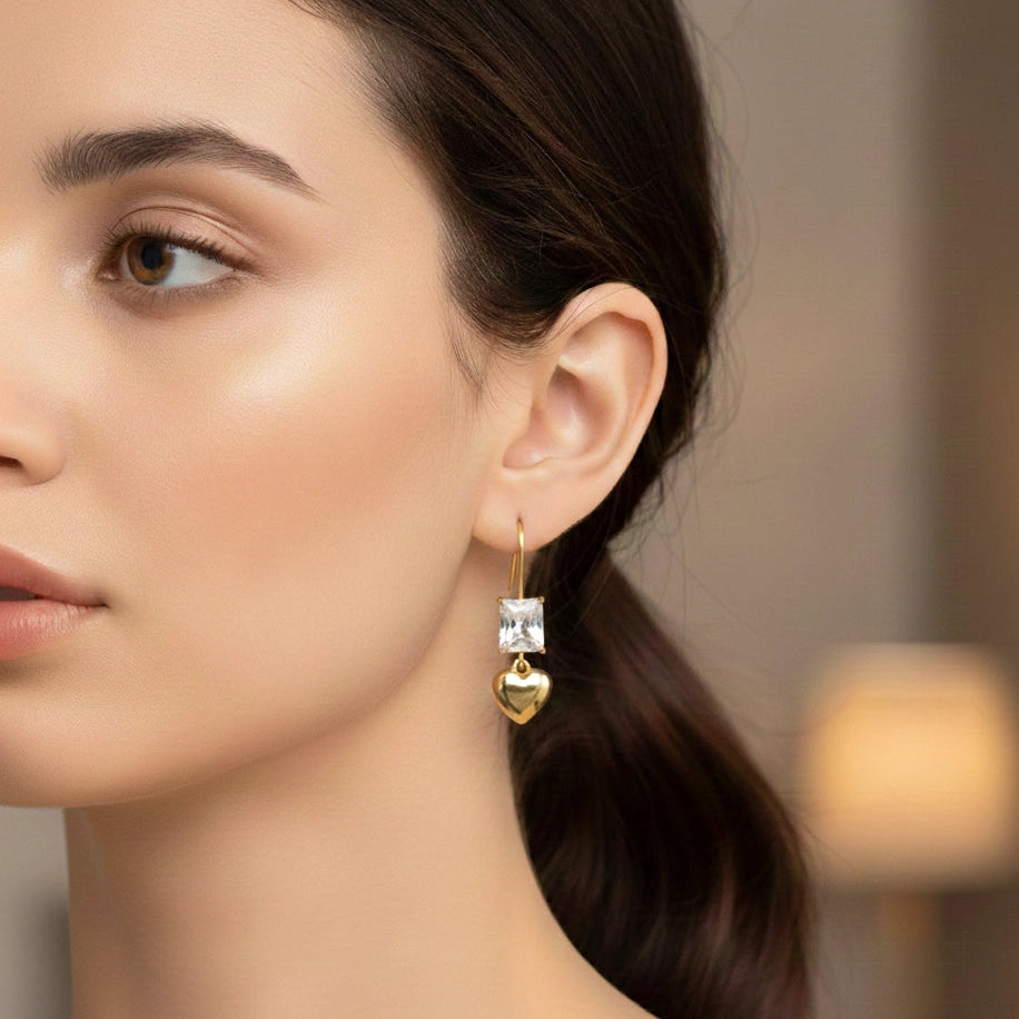 Dainty Heart Drop Earrings - Cubic Zirconia & Gold-Tone Finish