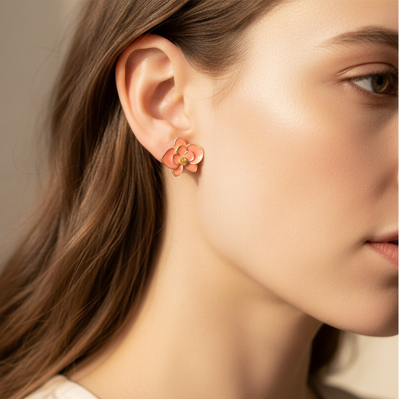 Layered Enamel Orchid Stud Earrings - 3D Floral Gold-Toned Jewelry in 6 Colors (ER39532)