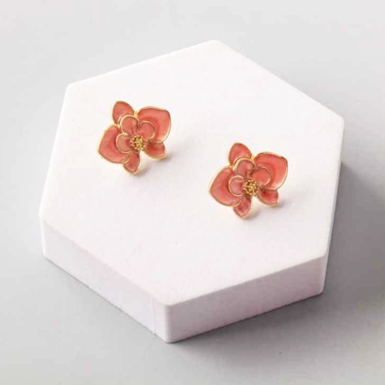 Layered Enamel Orchid Stud Earrings - 3D Floral Gold-Toned Jewelry in 6 Colors (ER39532)