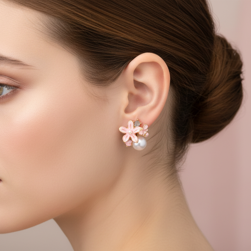 Marble Lily Cluster Floral Stud Earrings – Pastel Enamel & Pearl Accents (ER39545)