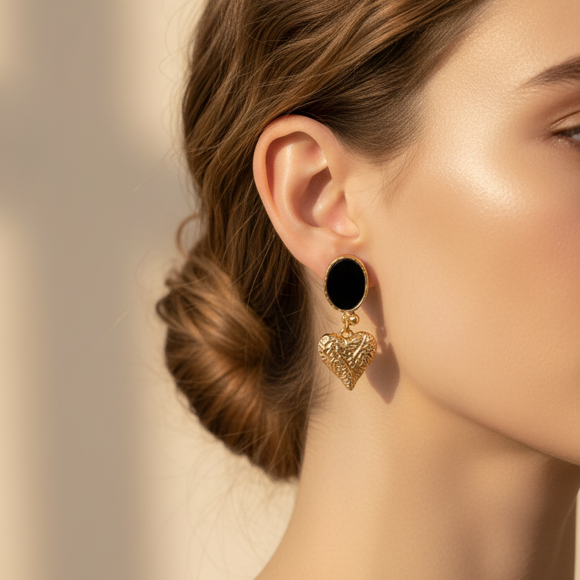Vintage-Inspired Gold & Black Textured Heart Drop Earrings (ER39642)