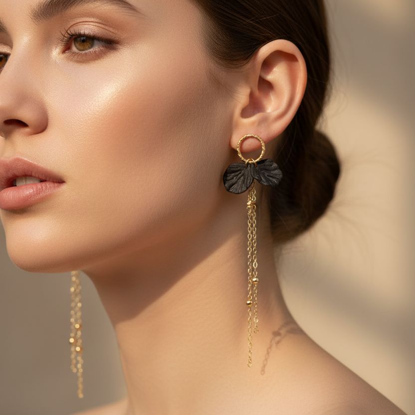 Elegant Shell & Ball Chain Tassel Drop Earrings - Black and Gold (ER39654)