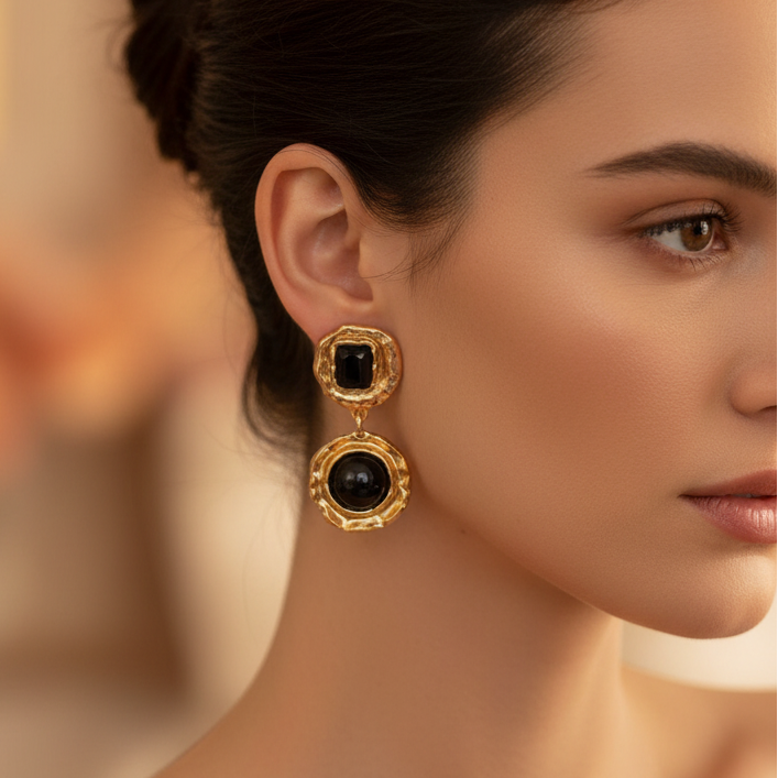 Vintage Hammered Gold Geometric Drop Earrings with Black Gems (ER39697)